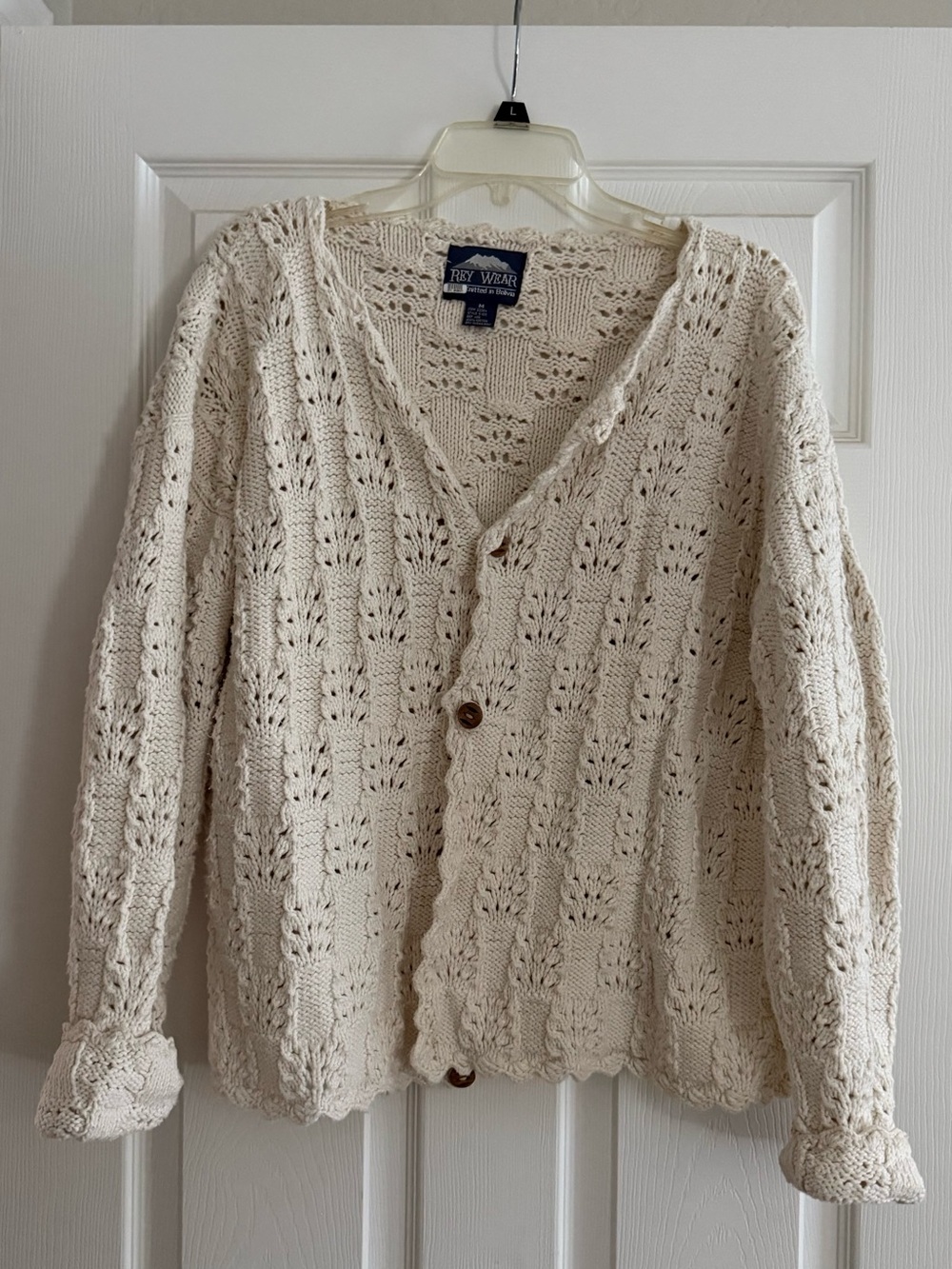 Rey Wear Cream Openwork V-Neck Cardigan Sweater